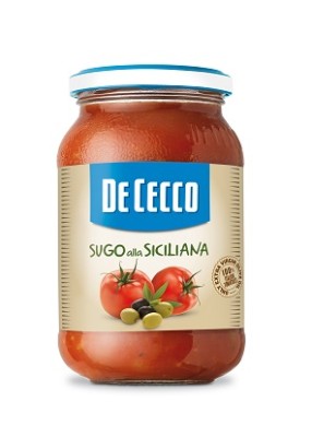 DE CECCO Sugo alla Siciliana, paradajková omáčka s olivami, pasterizované, 400 g (382 ml),sklo pohár